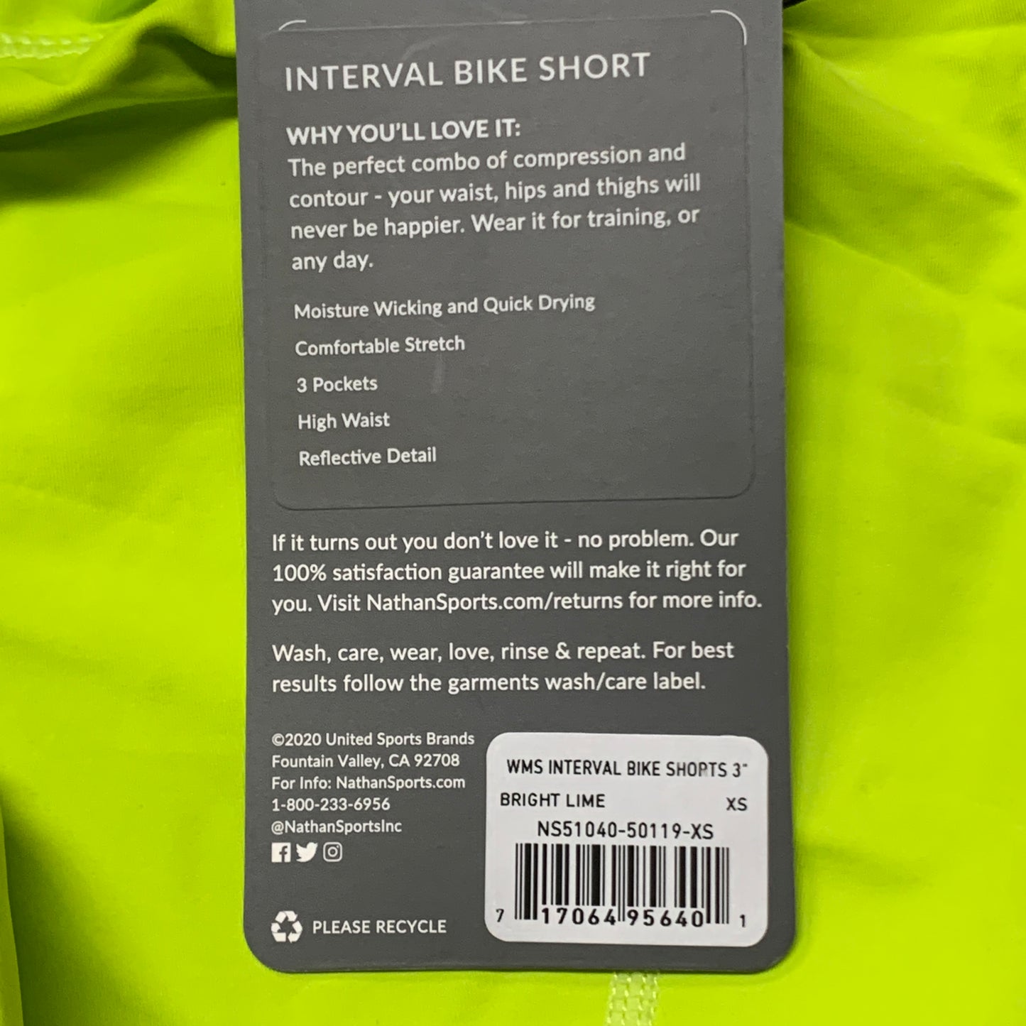 NATHAN Interval 3" Inseam Bike Short Women's Bright Lime Sz XS NS51040-50119-XS