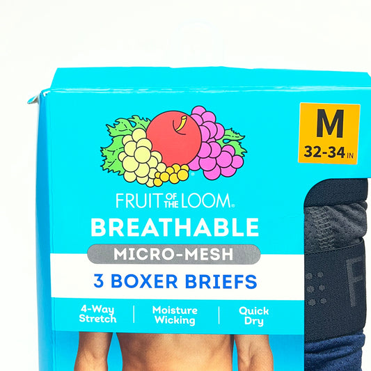 ZA@ FRUIT OF THE LOOM (3 PACK) Breathable Cotton Micro-Mesh Boxer Briefs Men's Sz M Multicolor BW3BBC2