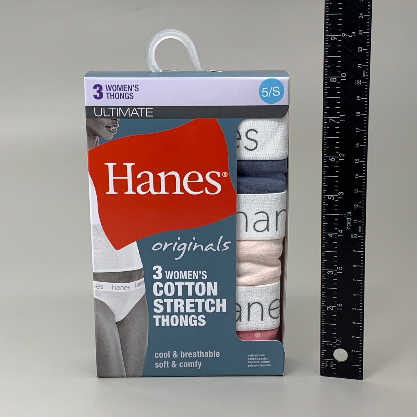 HANES 3 PACK!! Originals Women's Breathable Cotton Stretch Thongs Underwear Sz 5/S Blue/Buff/Pink 45OUBT