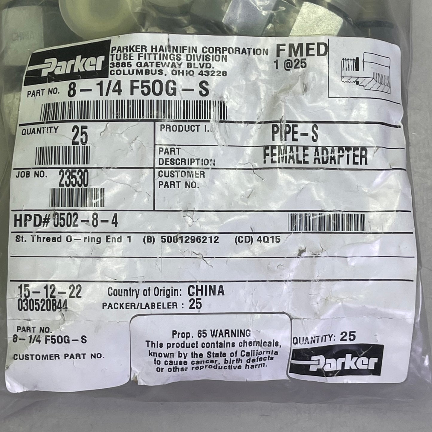 PARKER (25 PACK) Pipe Fitting & Port Adapters 1/4" Steel 8-1/4 F50G-S