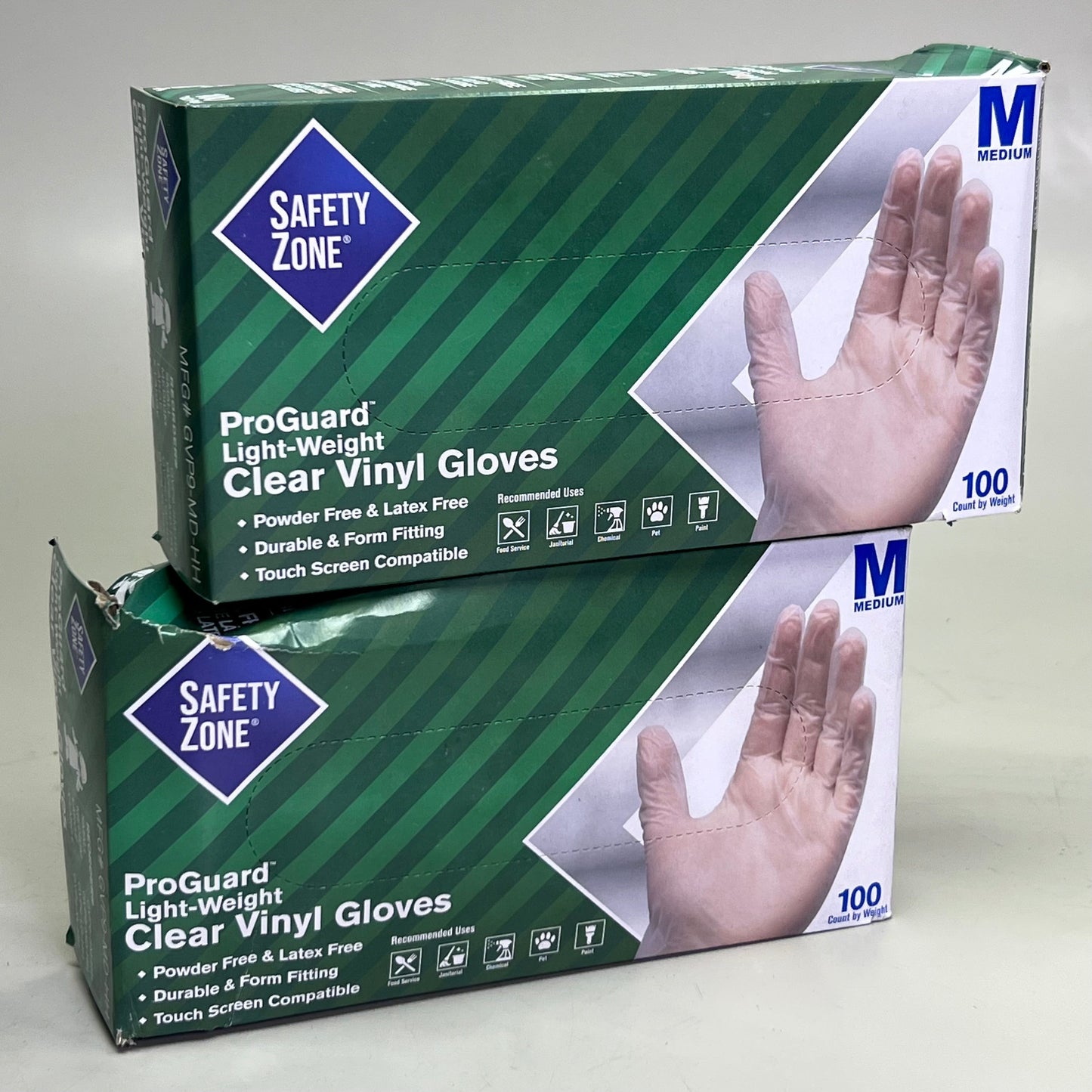 ZA@ SAFETY ZONE (2 PACK of 100 Gloves) Clear Vinyl Gloves Sz M GVP9-MD-HH (AS-IS, Distressed Box) C