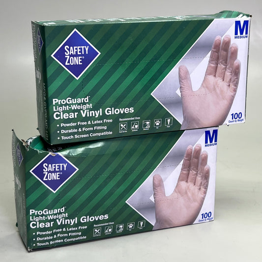 ZA@ SAFETY ZONE (2 PACK of 100 Gloves) Clear Vinyl Gloves Sz M GVP9-MD-HH (AS-IS, Distressed Box) A