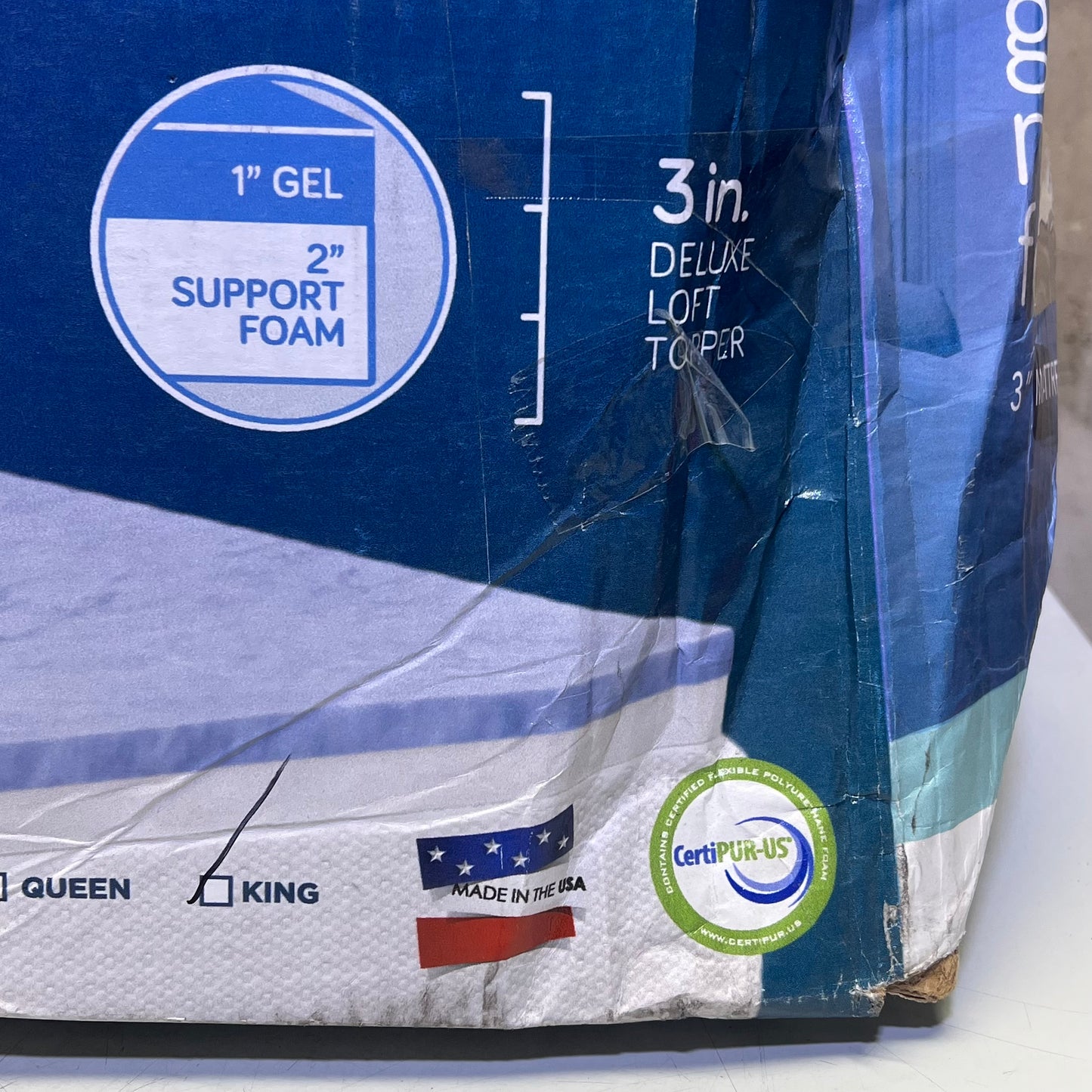 HEALTH-O-PEDIC Gel Memory Foam Mattress Topper 3" Layer King White/Blue AAFES