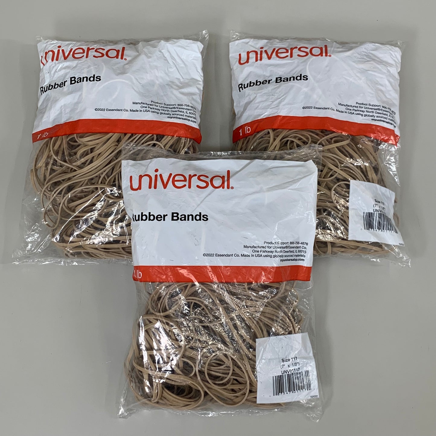 UNIVERSAL (3 BAGS, 3 POUNDS) Rubber Bands Stretch Wrap Size 117 7" x 1/8" Beige