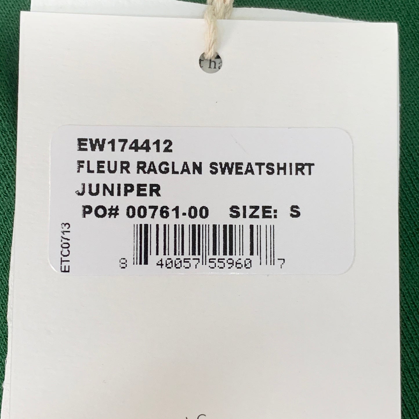 ETICA Fleur Raglan Sweat Top W/ Pintuck Sleeve Juniper Size Small EW174412