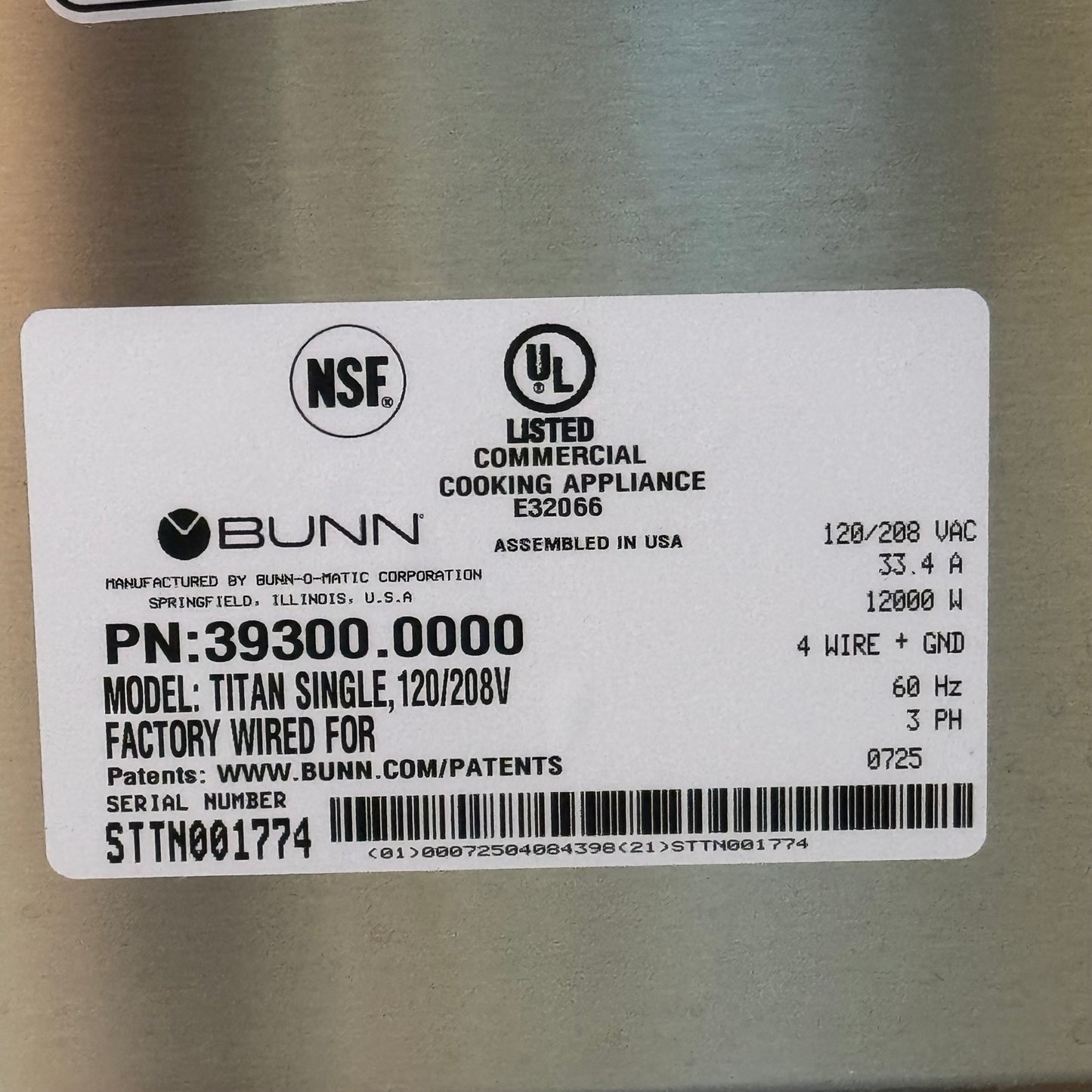 BUNN Commercial Coffee Making Machine Titan Single 120/208V 21"W x 22"L x 40"H Gray STTN001774