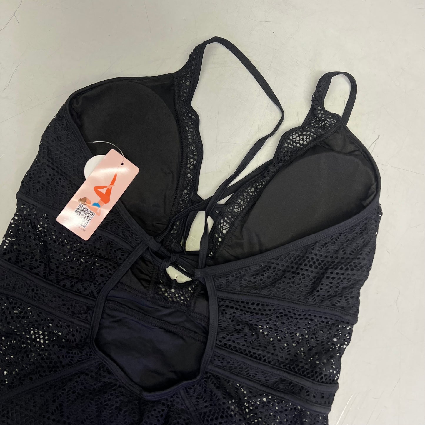 CHARMO Solid Cross Plunge Crochet One Piece Swimsuit Women's Sz M Black