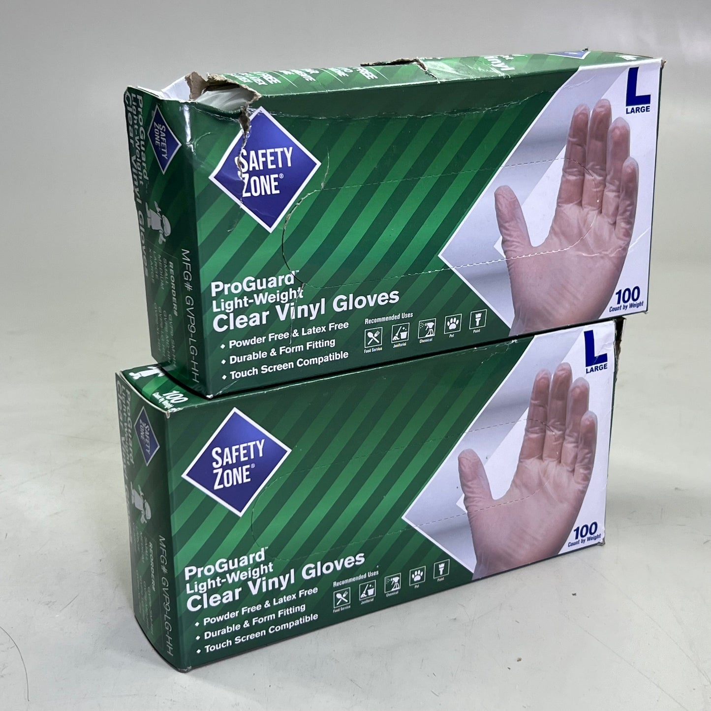 ZA@ SAFETY ZONE (2 PACK of 100 Gloves) Clear Vinyl Gloves Sz L GVP9-LG-HH (AS-IS, Distressed Box) D