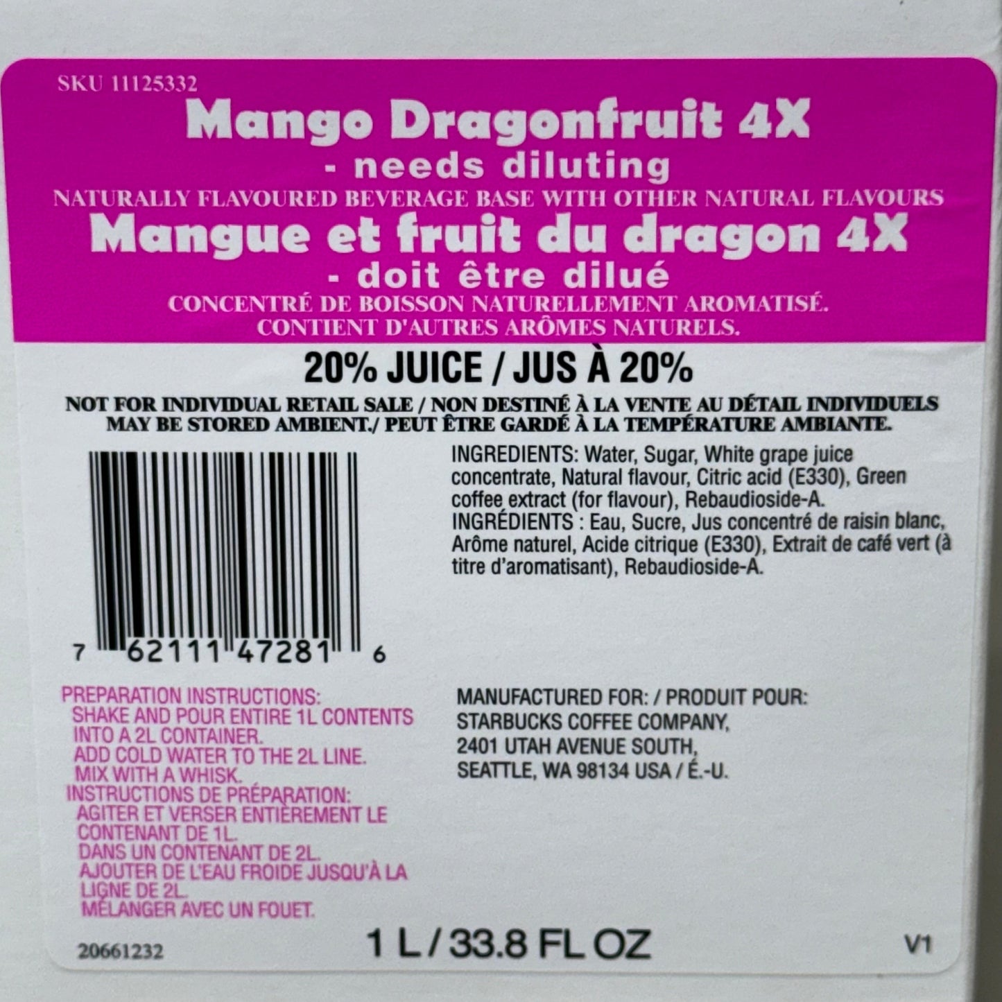 ZA@ STARBUCKS (6 PACK) Mango Dragon Fruit 4X Naturally Flavored Beverage Base 1 L BB 09/24 11125332 A