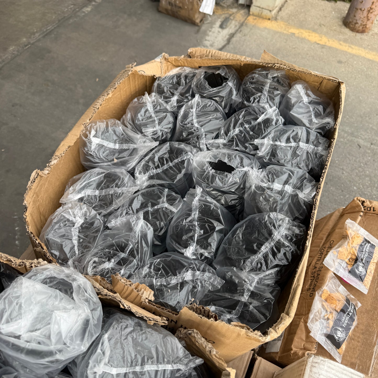 ZA@ Pallet of FIRST MARK Clear Lids, Black Hot Cup Lids, Tortilla Strips, & Toilet Seat Covers