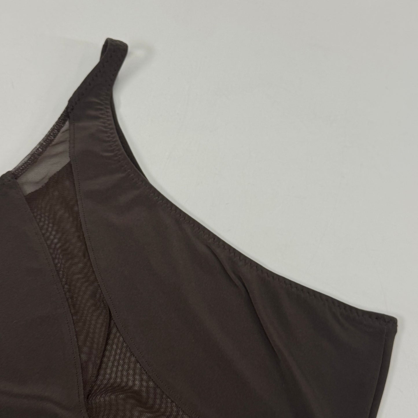 NORMA KAMALI One Shoulder Snake Mesh Catsuit Footsie Women's Sz XL/42 Chocolate