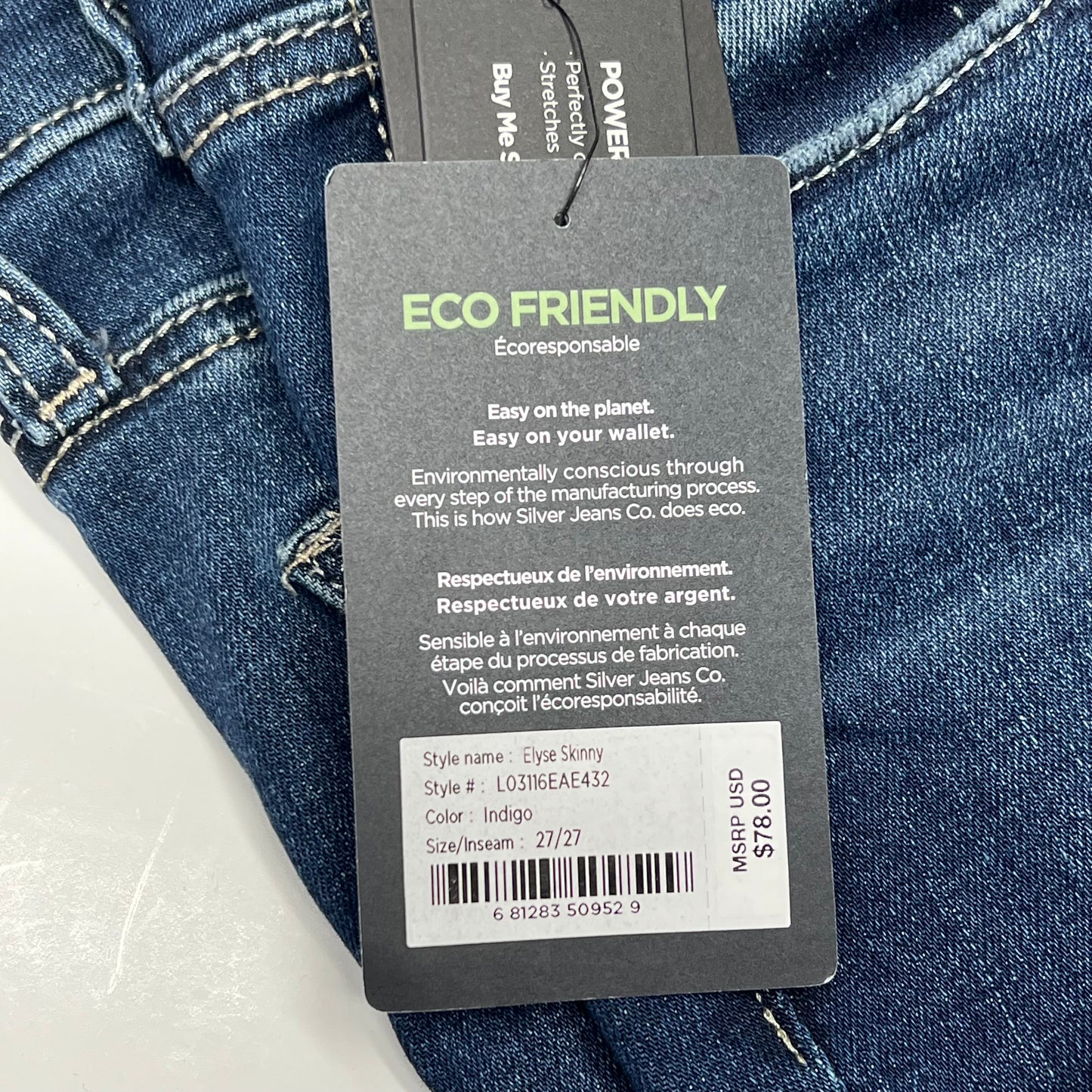 SILVER JEANS CO Elyse Curvy Fit Mid Rise Skinny Leg Jean Womens Sz 27/27 Indigo