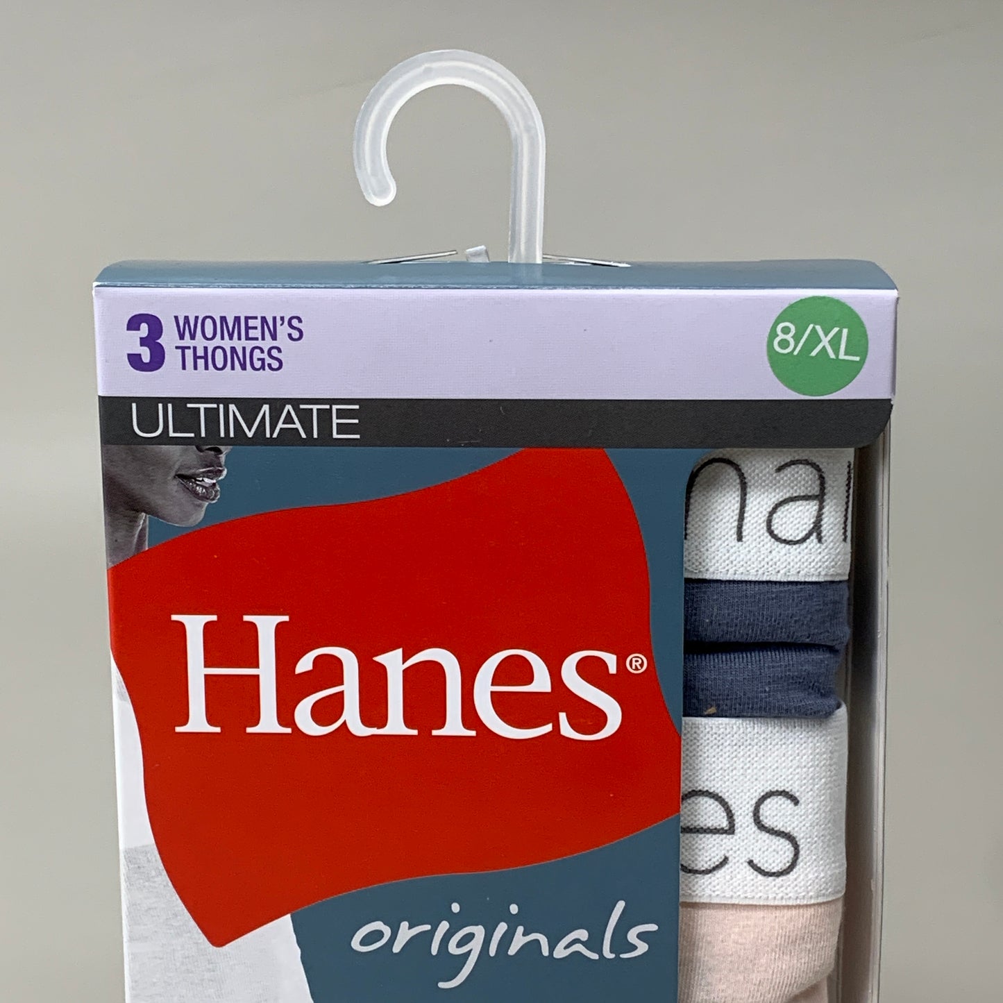 HANES 3 PACK!! Originals Women's Breathable Cotton Stretch Thongs Underwear Sz 8/XL Blue/Buff/Pink 45OUBT