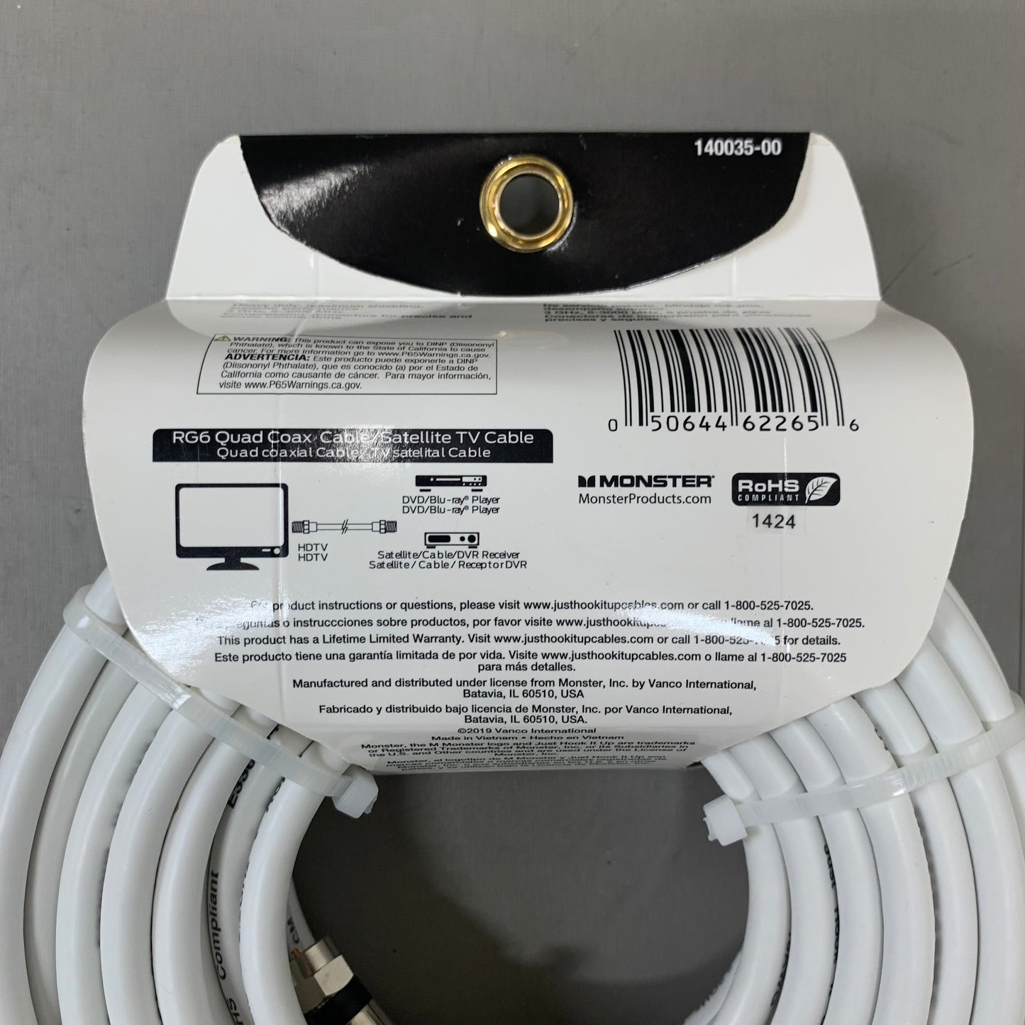 MONSTER RG6 Quad Coax Satellite Tv Cable 50ft White 140035-00