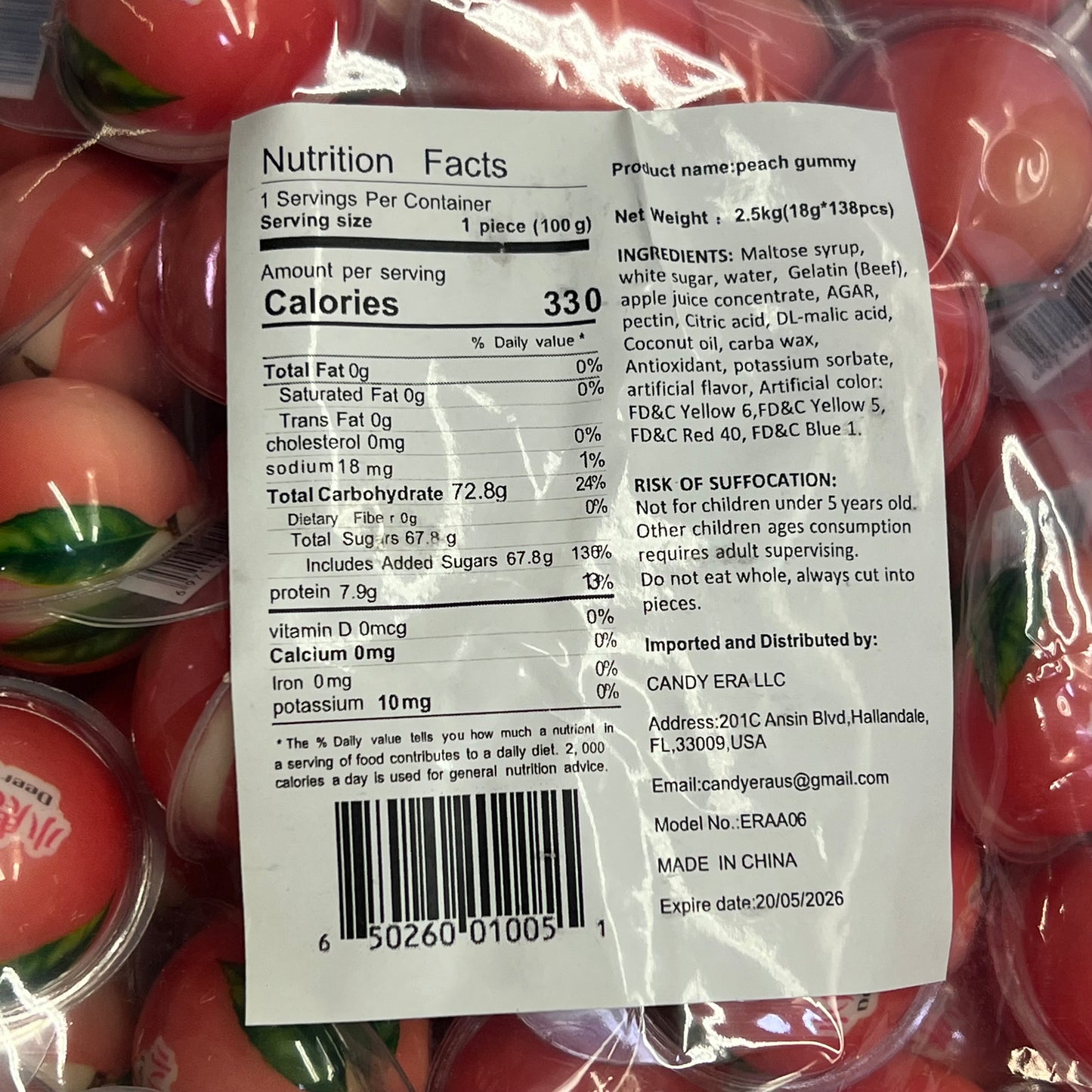 DEER DADA (5 LBS BAG) Individually Wrapped 3D Peach Gummy Candy BB 05/26