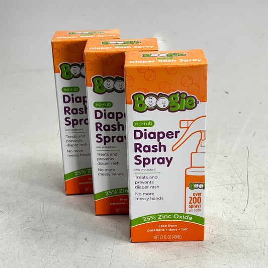 BOOGIE (3 PACK) No-rub Diaper Rash Spray 25% Zinc Oxide 1.7 Fl Oz BB 03/29