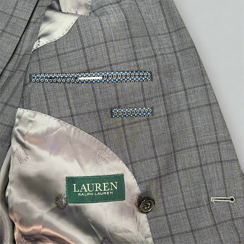 RALPH LAUREN  70% Wool Hand Tailored Suit Set Men's Sz 42 L Grey Purple Plaid (Pre-Owned)