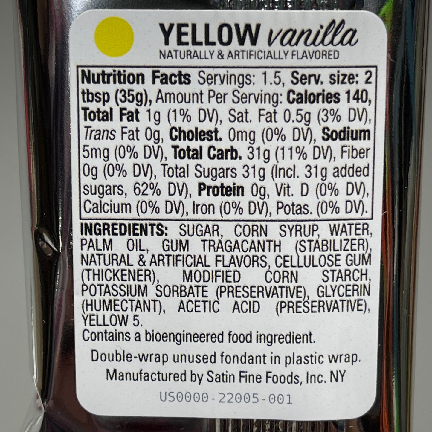 ZA@ SATIN FINE FOODS Satin Ice Fondant Yellow Vanilla 20 x 2 oz Packets of Fondant (06/24) D