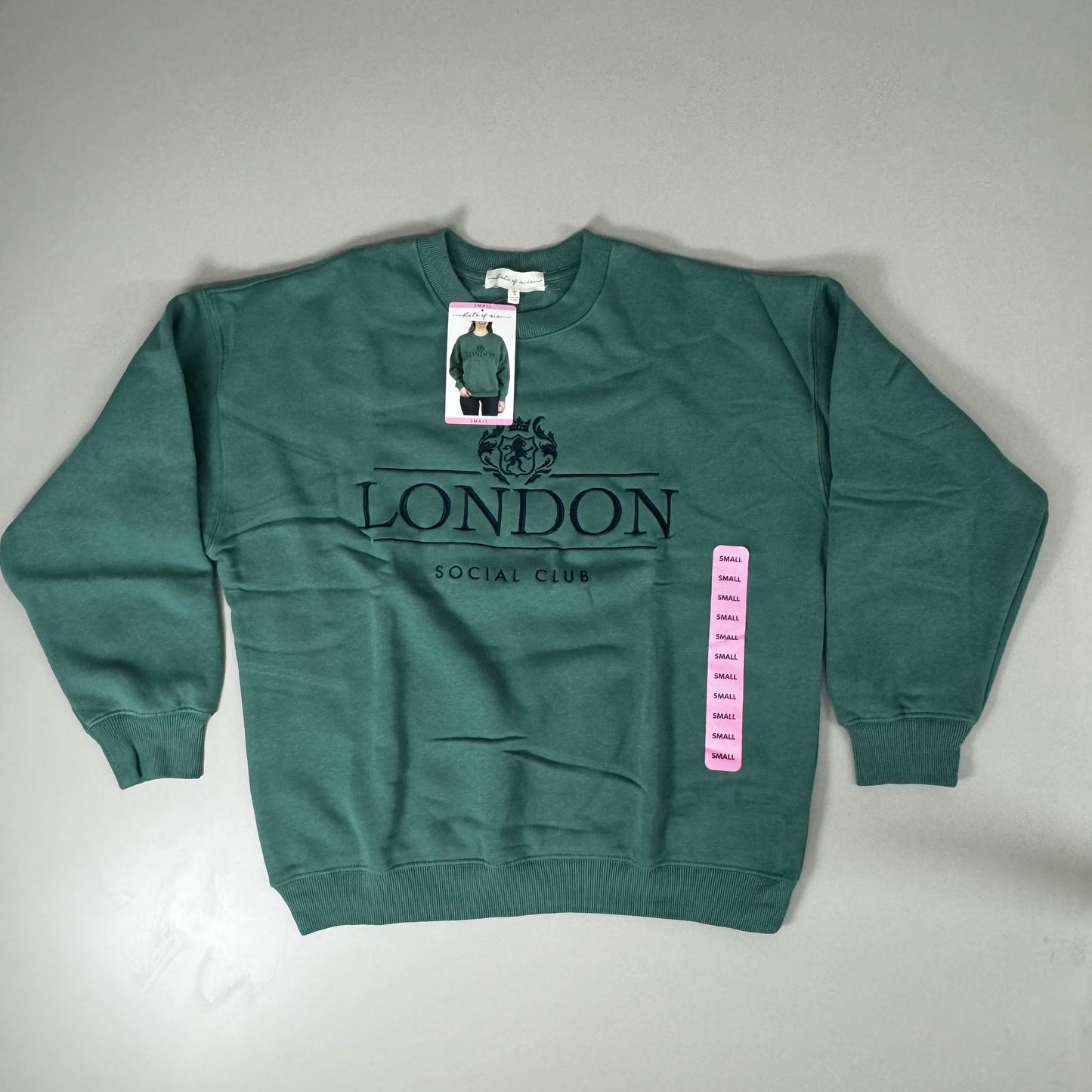 STATE OF MINE London Embroidered Crewneck Hoodie Sage Women's Sz S 15711