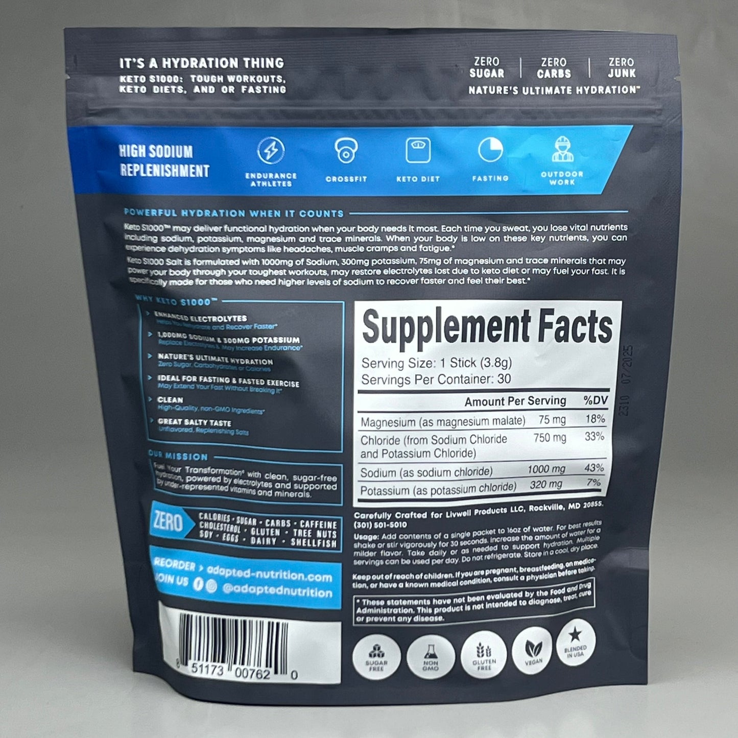 ZA@ KETO S1000 (30 PACK) Electrolytes Powder Packets Unflavored Salts 07/25 C