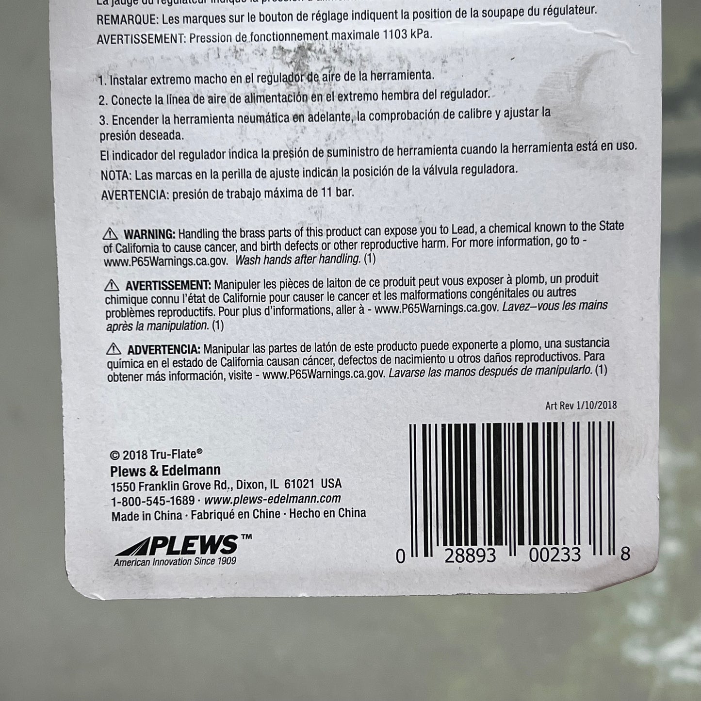 TRU-FLATE In-Line Air Line Regulator & Gauge 0-160 PSI 1/4" Female & Male 41-135