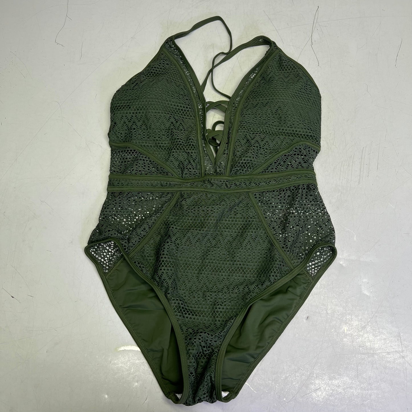 CHARMO Solid Cross Plunge Crochet One Piece Swimsuit Women's Sz M Olive Green