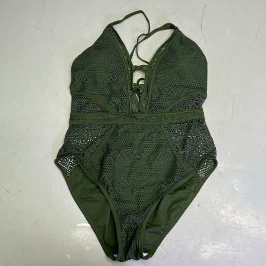 CHARMO Solid Cross Plunge Crochet One Piece Swimsuit Women's Sz M Olive Green