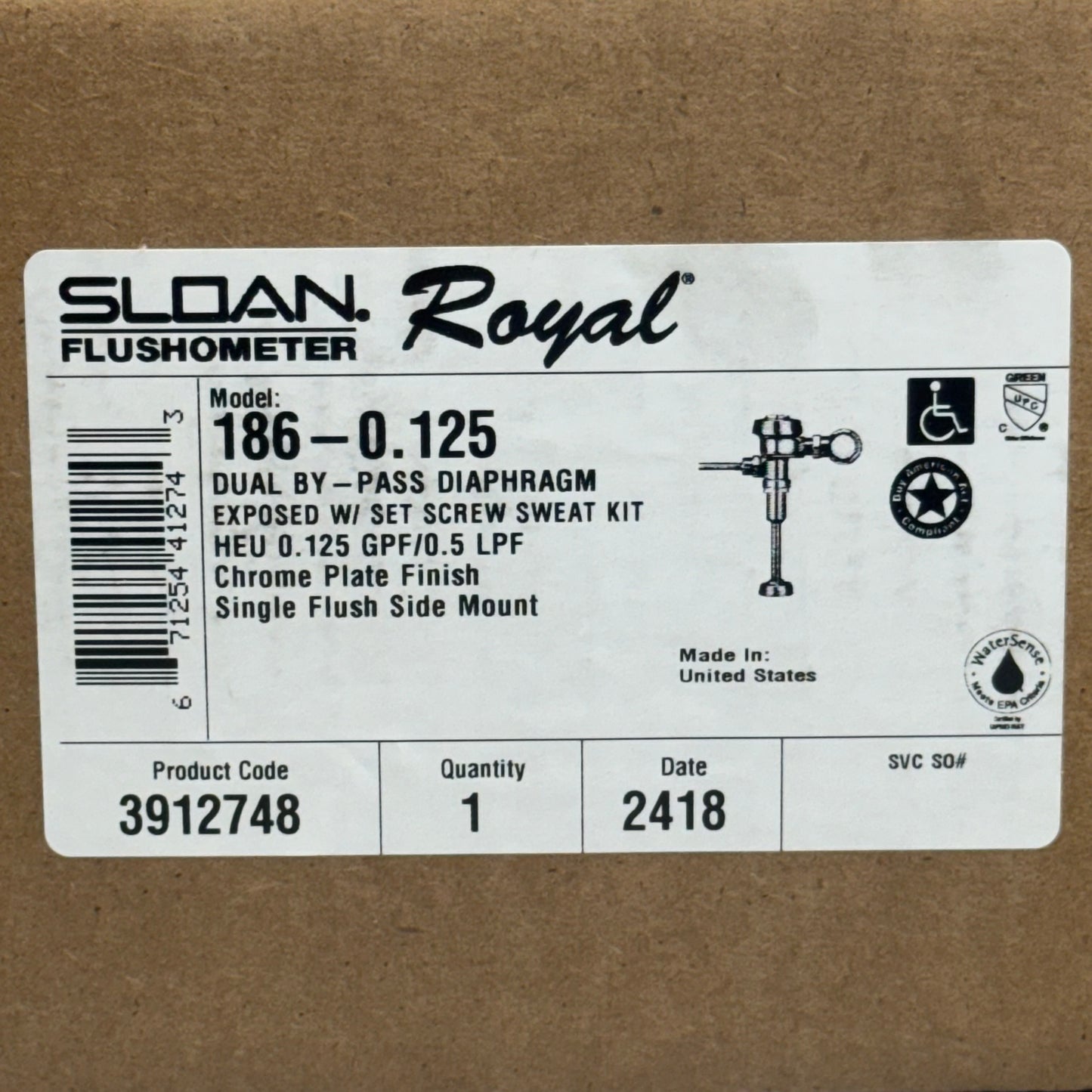 SLOAN Urinal Flushometer Royal Press to Flush Chromate Model: 186-0.125