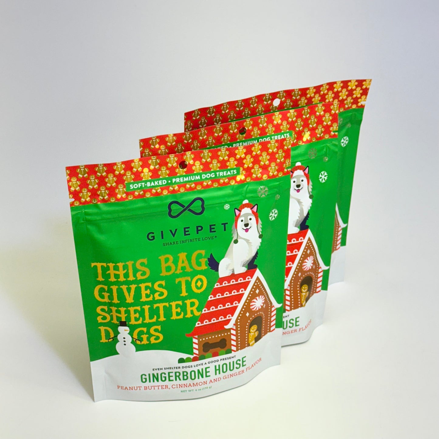 GIVEPET (3 PACK) Gingerbone House Premium Dog Treats Soft Baked 6 oz BB 09/27