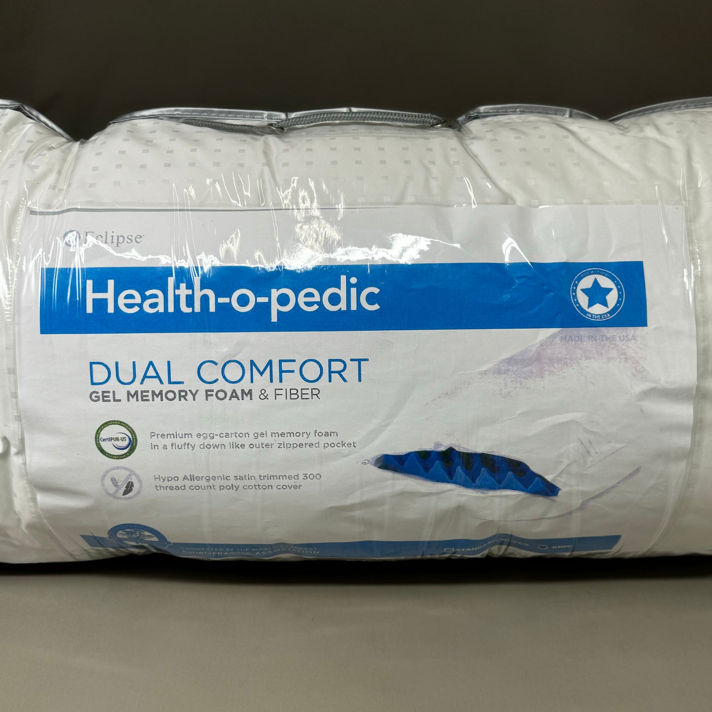 HEALTH-O-PEDIC Hypo Allergenic Dual Comfort Gel Memory Foam&Fiber King Sz Pillow