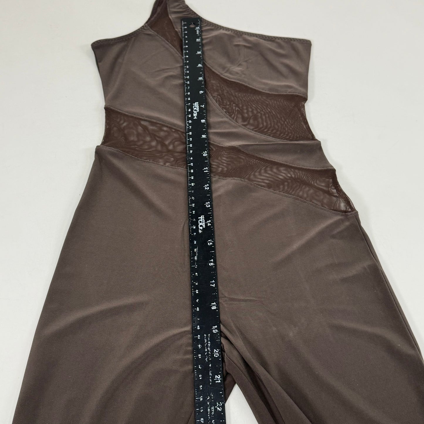 NORMA KAMALI One Shoulder Snake Mesh Catsuit Footsie Women's Sz XXS/32 Chocolate