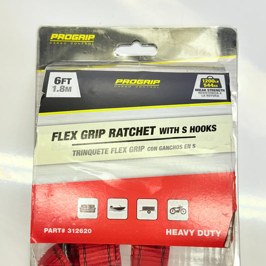 PROGRIP 6 ft X 1 in Flex Grip Ratchet W/ S Hooks, Heavy Duty, 312620 Red
