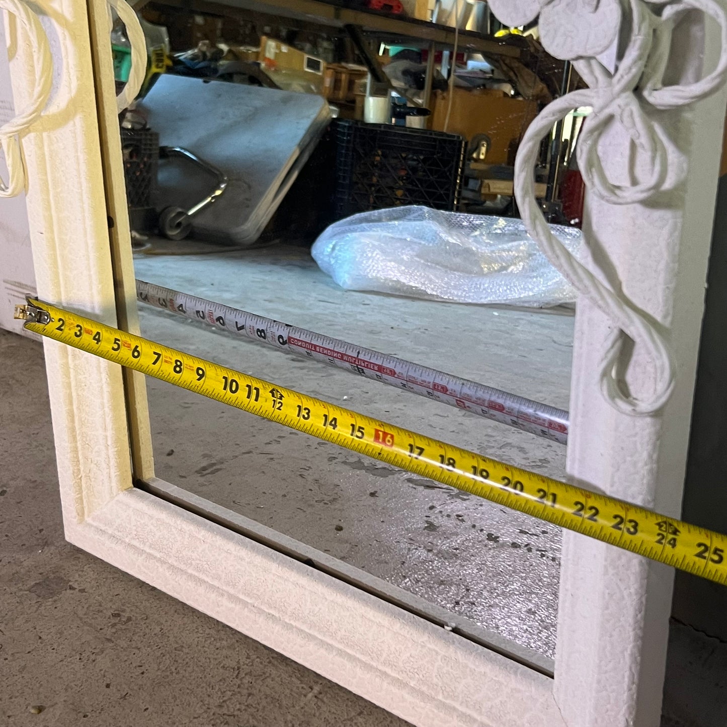 CREATIVECO-OP Wood Frame Mirror with Metal Flowers 49-1/4"H x 23.5"W Antique White DF7985 (New Other, Distressed Box)