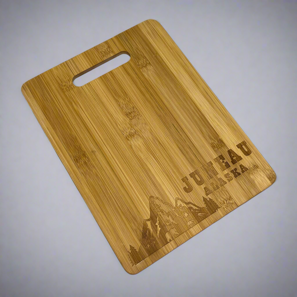 Mountain & Bear Laser Cut Bamboo Cutting Board Souvenir JUNEAU ALASKA  12"x9"
