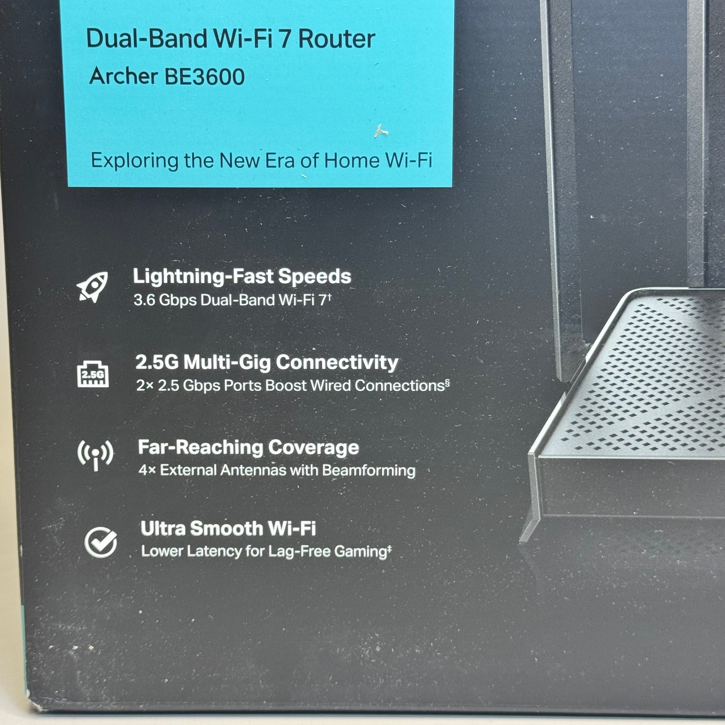 TP-LINK Dual-Band Wi-Fi 7 Router Size 10.5” L x 5.5” W Black BE3600