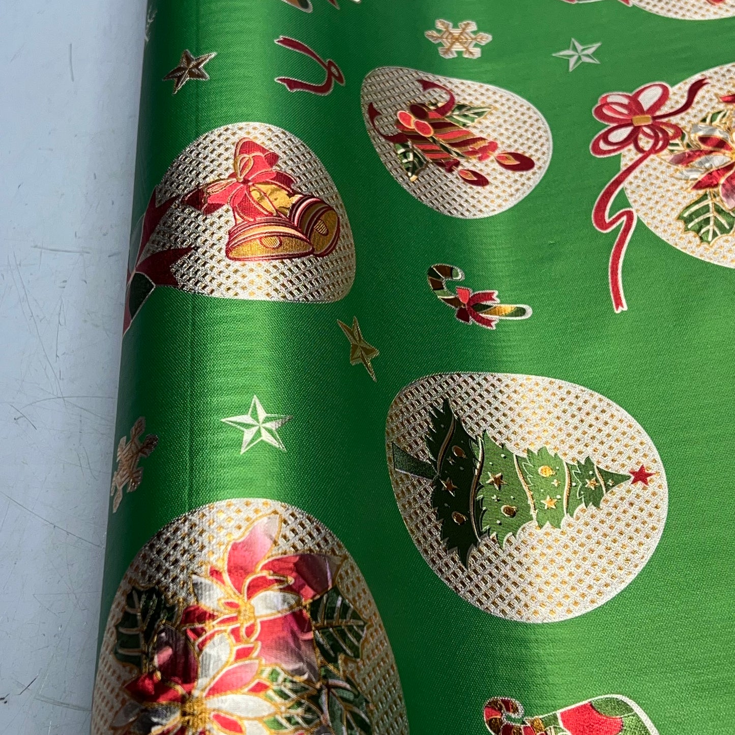 Christmas Ornaments Poinsettia & Bells Vinyl Tablecloth 54"x60' Shine Green