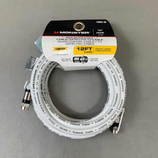 MONSTER (2Pack) RG6 Quad Coax Satellite Tv Cables 6ft, 12ft White 140037-00,140031-00