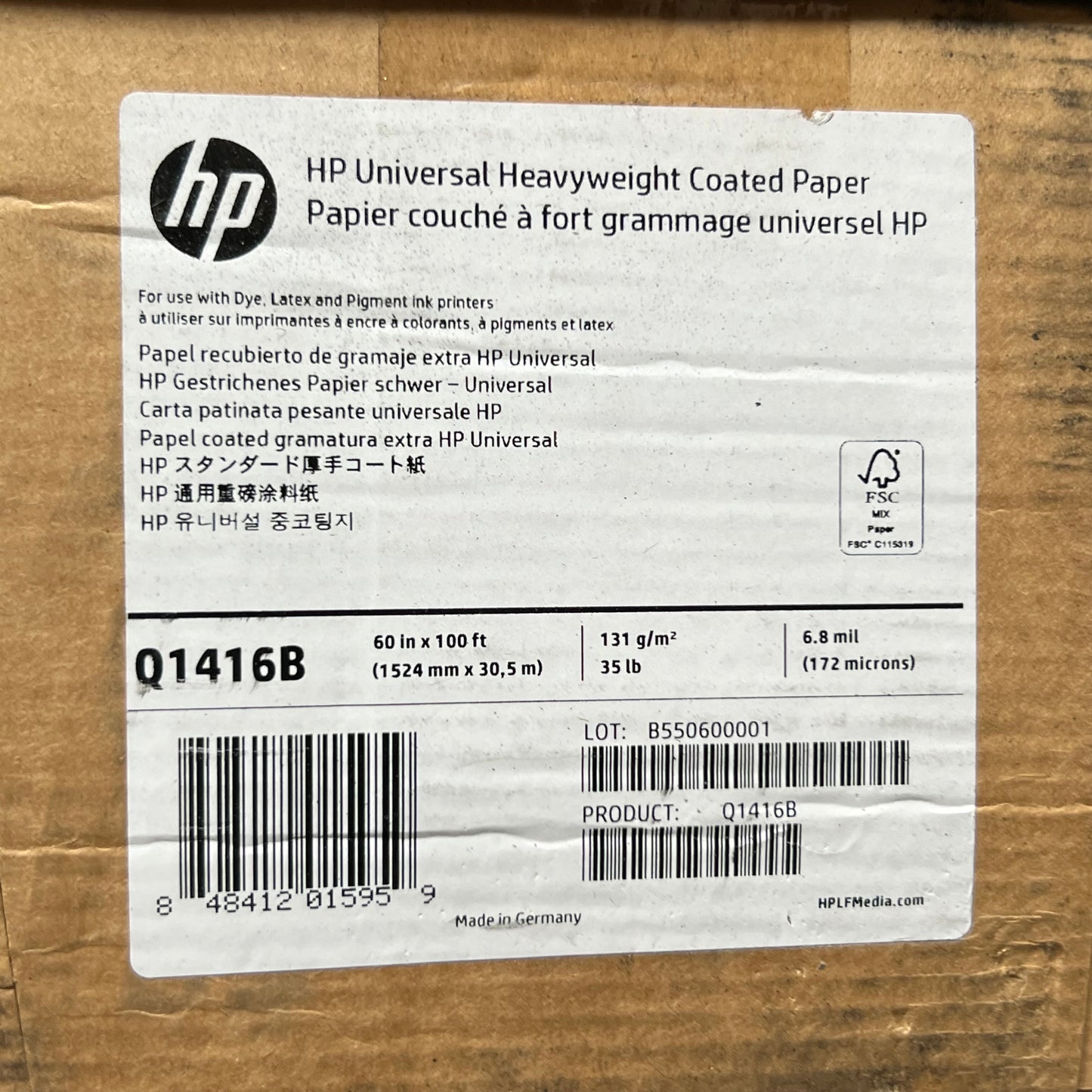 HP Universal Heavyweight Coated Paper 60in X 100ft White Q1416B