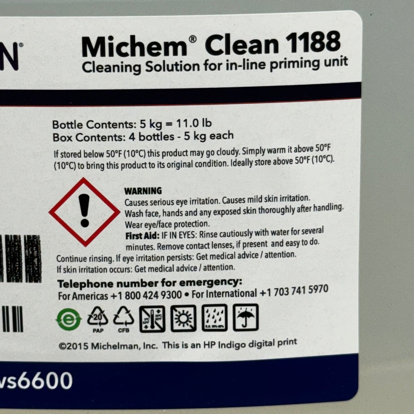 MICHELMAN Michem Clean 1188 WS6000 and WS6600 9 1/2”Hx8”Lx5”W White Bottle