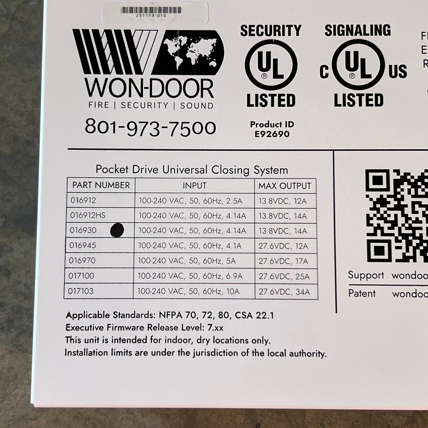 WON-DOOR Fire Equipment Releasing Device Control Unit 10T3 300SF 13"W x 6"T x 24.5"H, 016930
