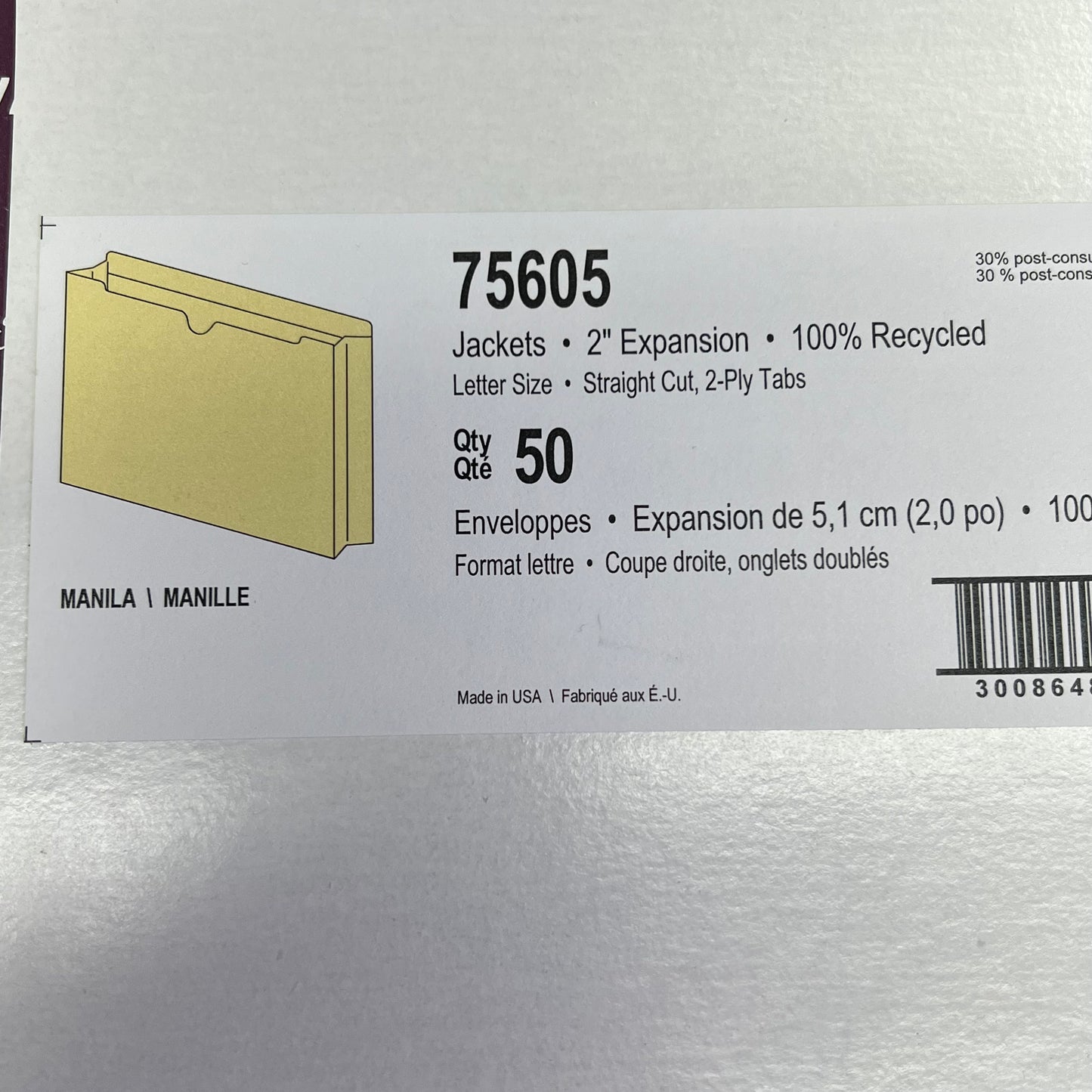 SMEAD (50 PACK) 100% Recycled File Jackets Reinforced Straight Cut 2" W 75605
