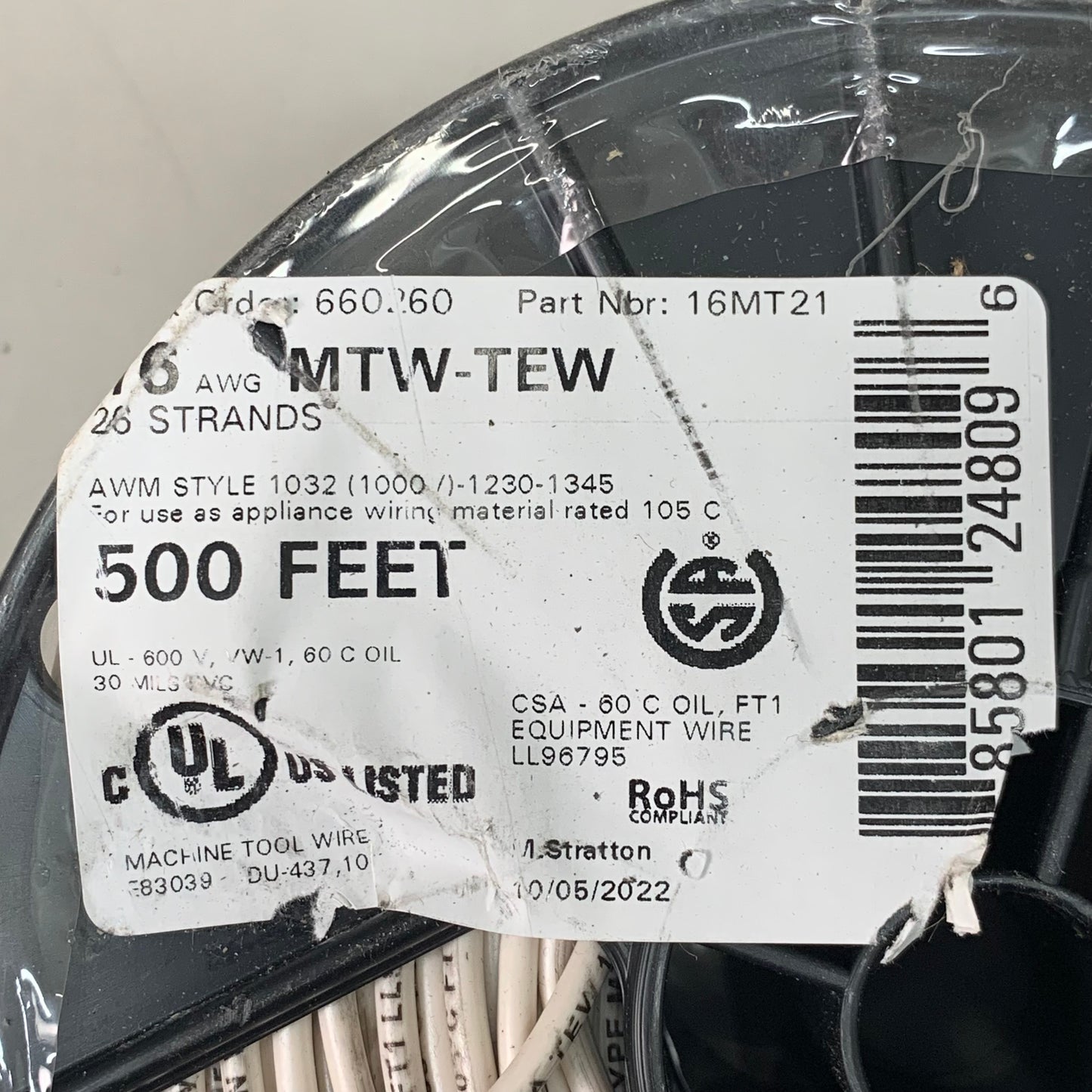 AWM Style 1032 500 FT 16 AWG Appliance Wire 26 Strand White 16MT21 (New)