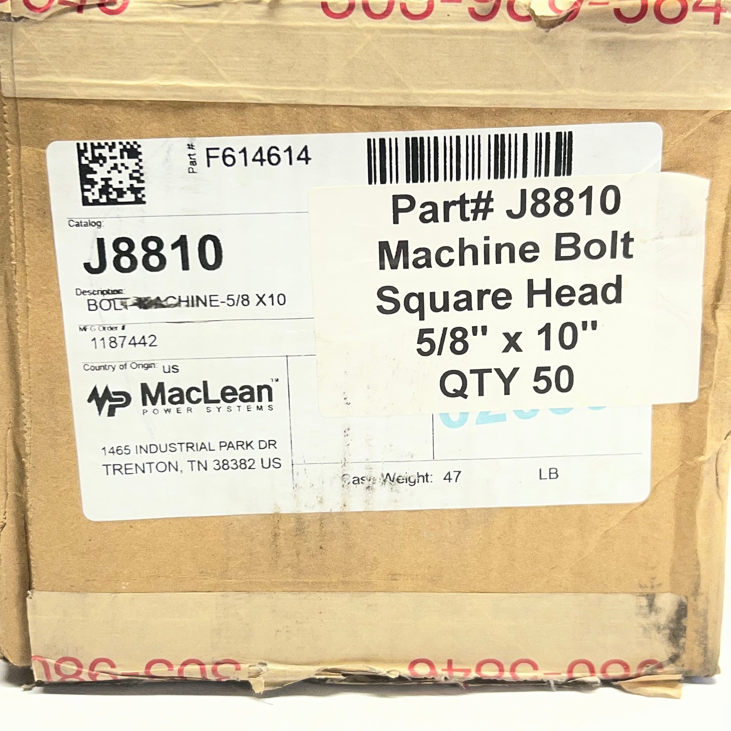 MACLEAN (50 PACK) Machine Bolt Square Head Sz 5/8" x 10" J8810