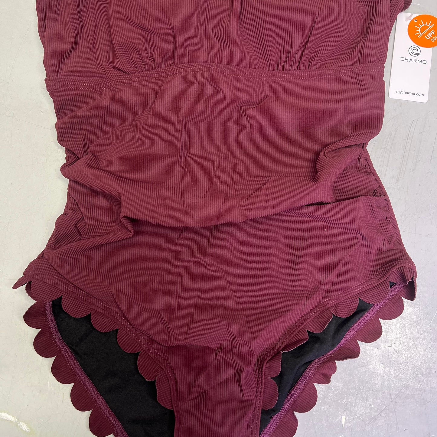 CHARMO Asymmetrical Retro Ribbed Moderate Cut One Piece Swimwear Wmn Sz M Wine