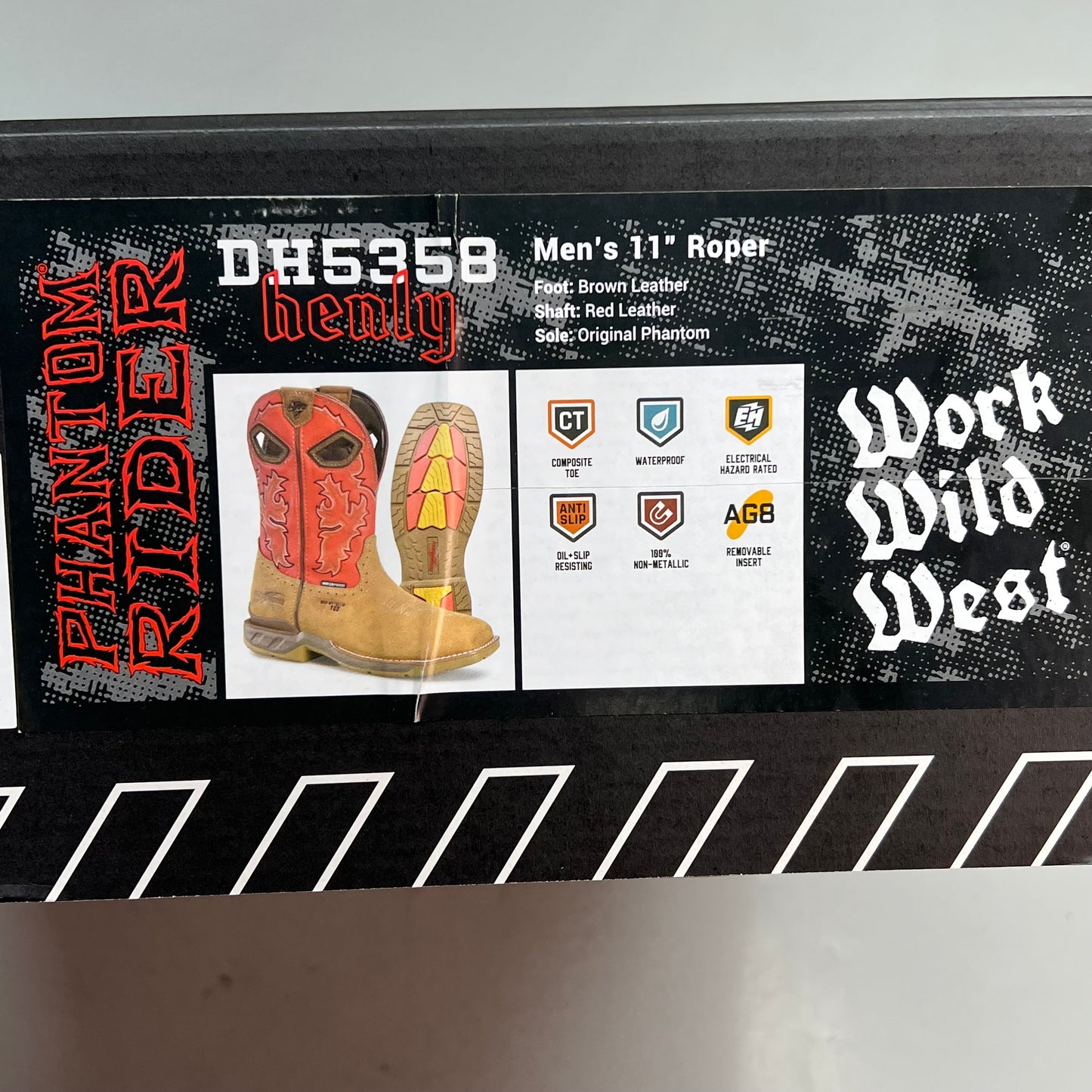 WORK WILD WEST Phantom Rider Henley Comp Toe AG8 Footbed Men's Sz 10 Red DH5358