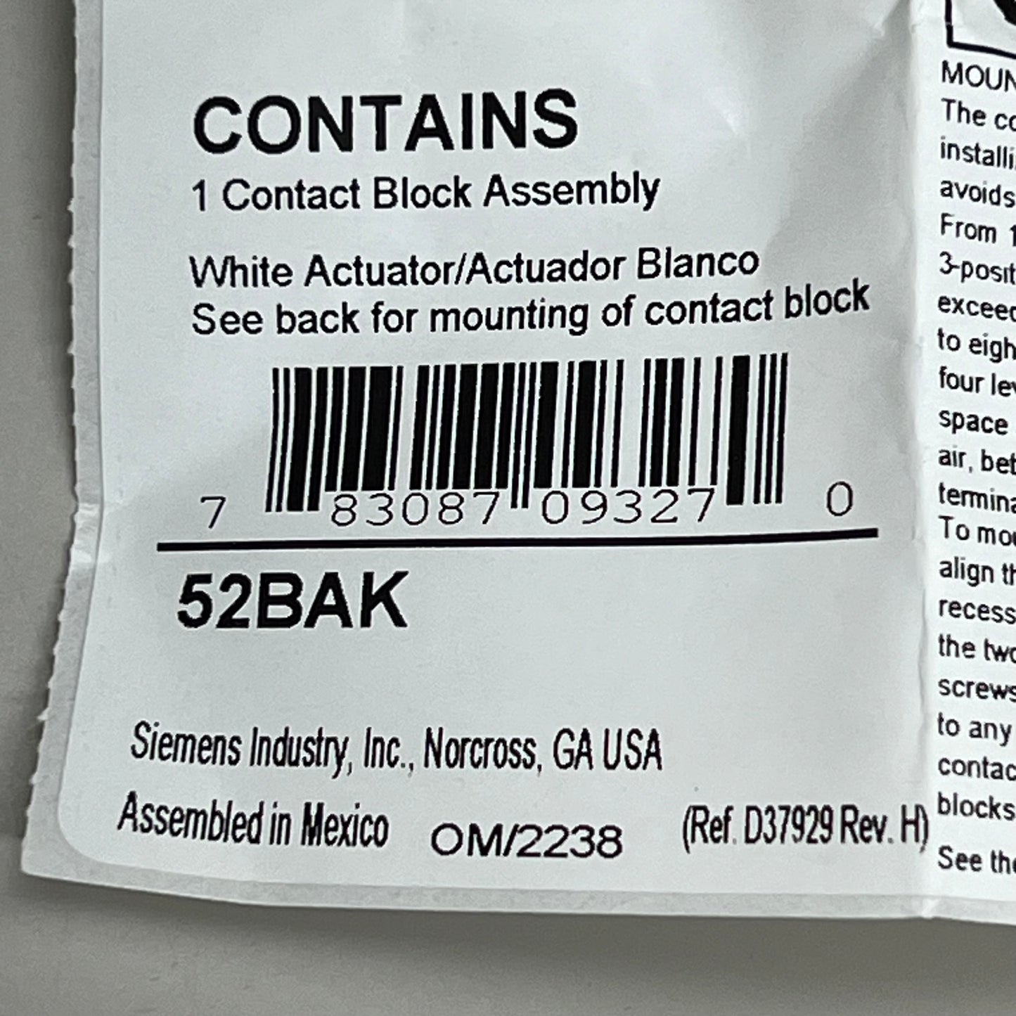 SIEMENS (2 PACK) Accessory Contact Block Kit 1 Contact Element Screw Terminal 52BAK