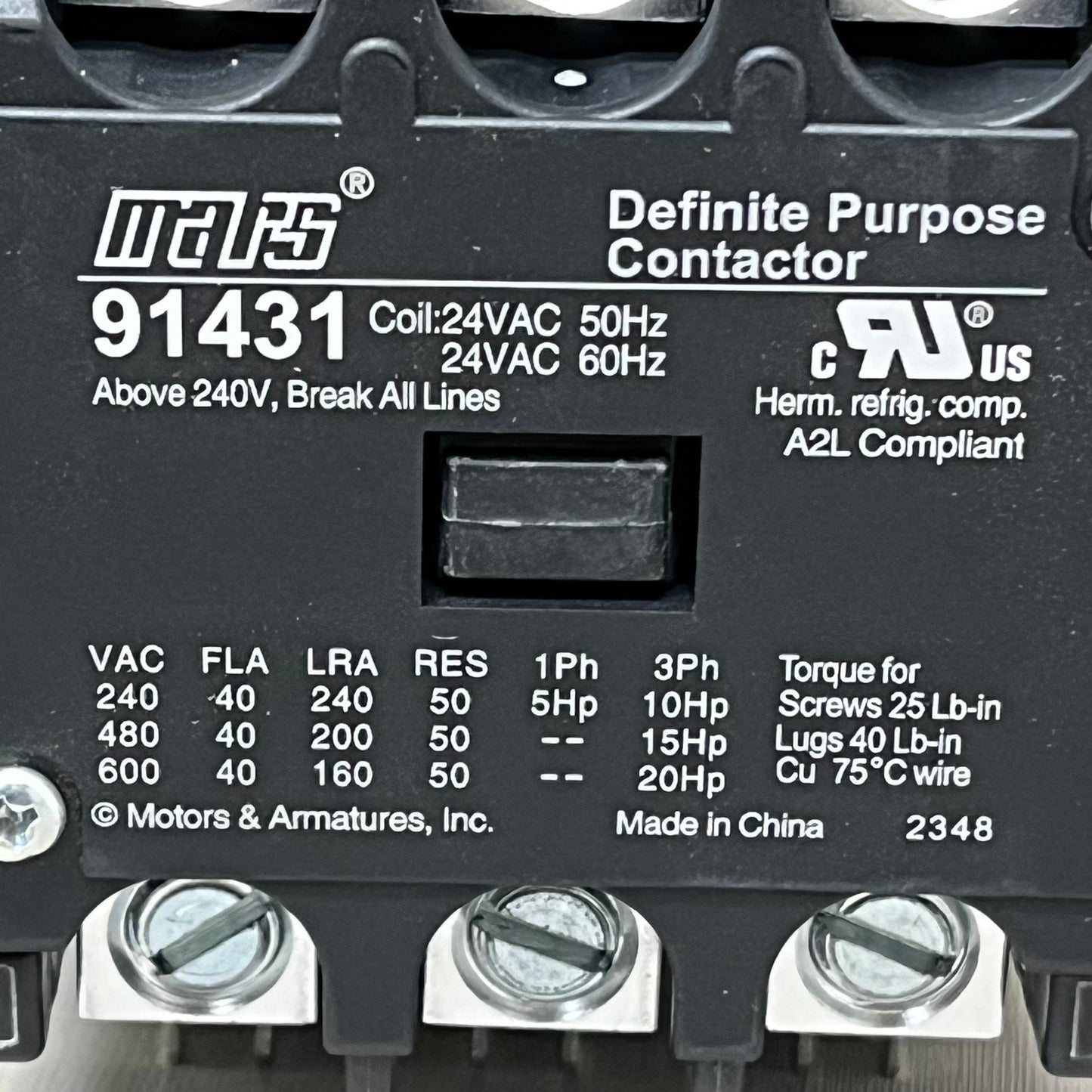 MARS 3-Pole Definite Purpose Contractor 40 AMP 24V A2L Compliant 91431