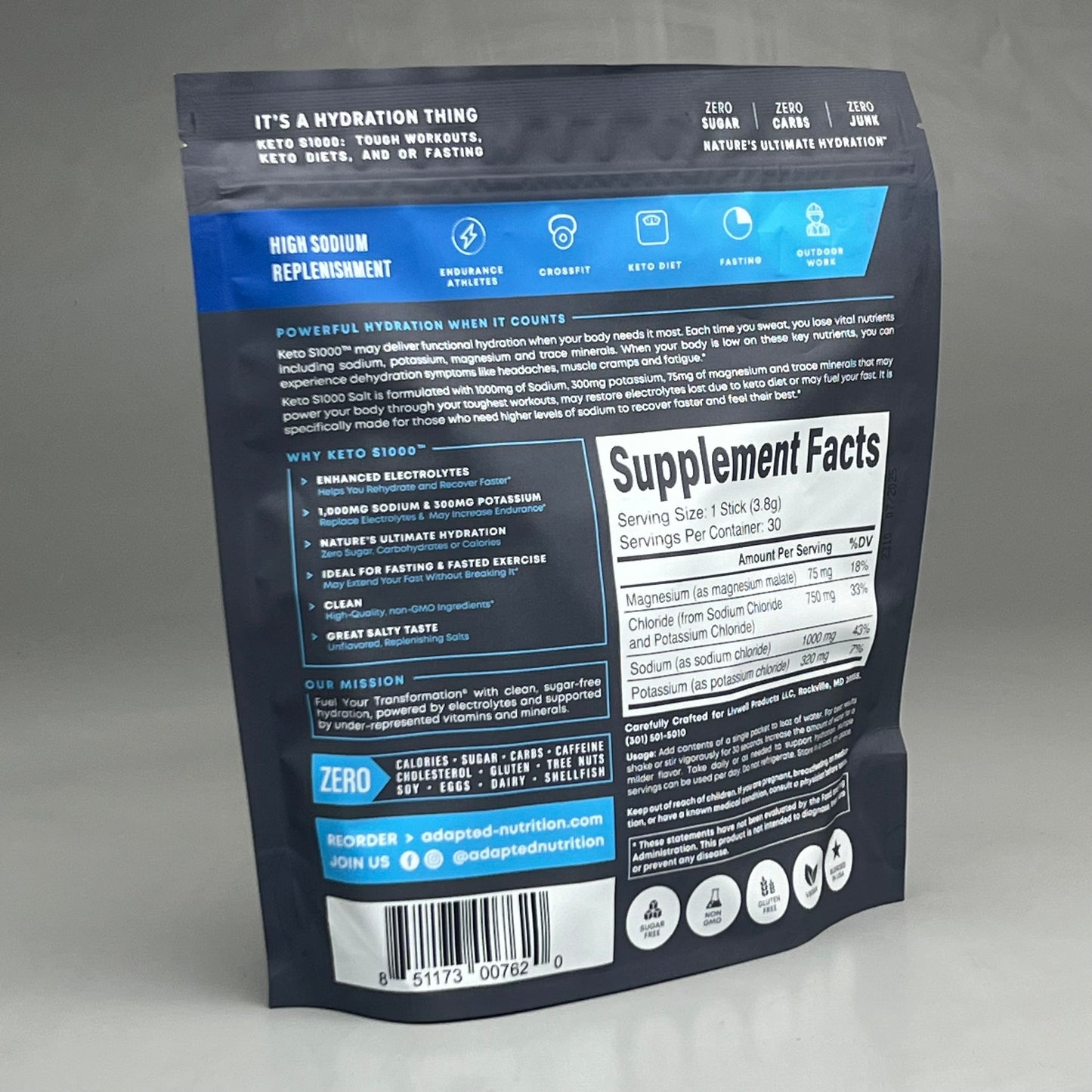 ZA@ KETO S1000 (30 PACK) Electrolytes Powder Packets Unflavored Salts 07/25 C