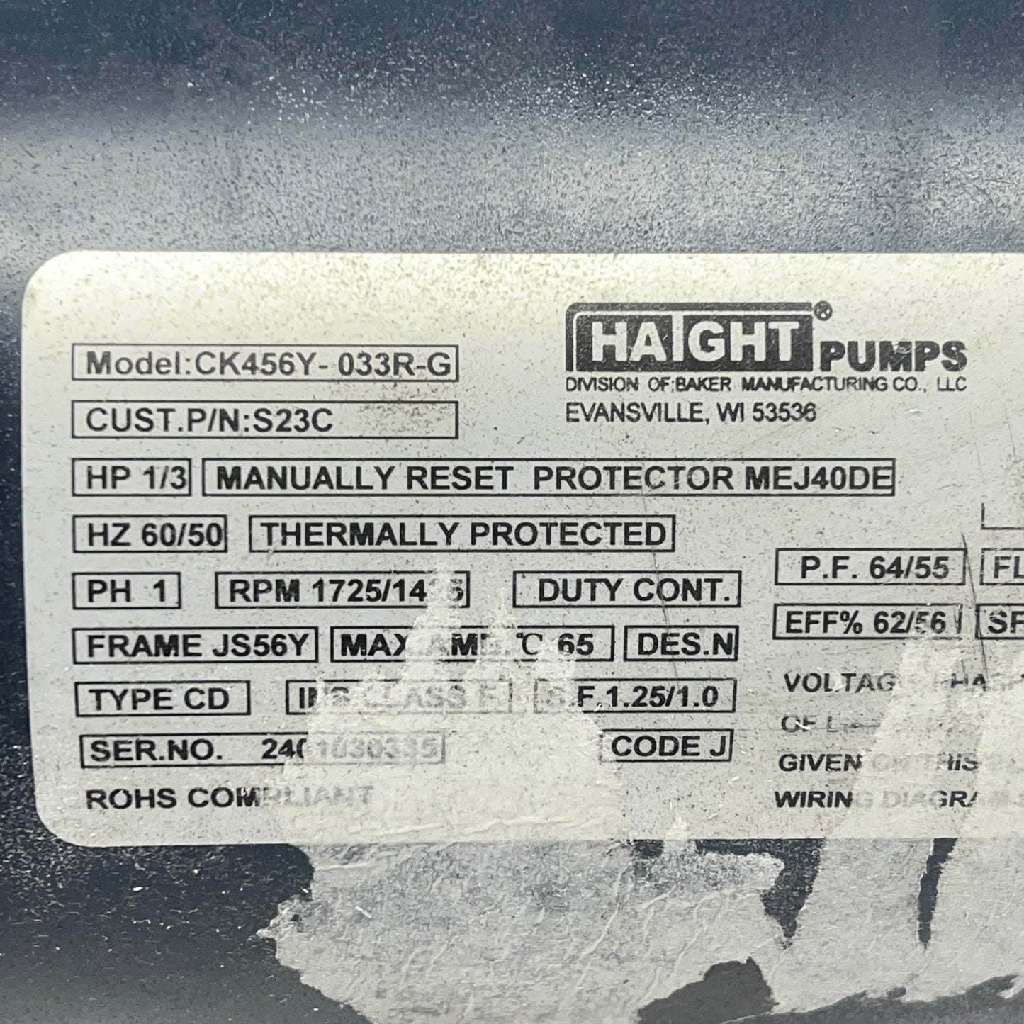HAIGHT Pump & Motor Hot Oil/fryer Unit 1/3HP 115V CK456Y-033R-G (New Other)