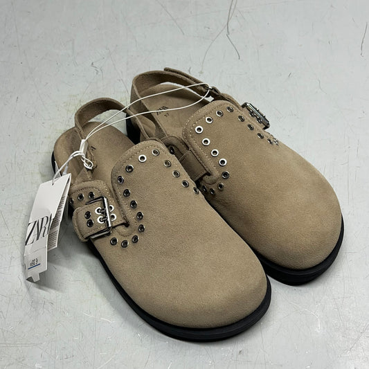 ZA@ ZARA Cow Leather Studded Split Suede Buckle Clogs Women's Sz 37 Tan